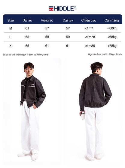 Size chart for a jacket with a person wearing it, showing front and back views.
