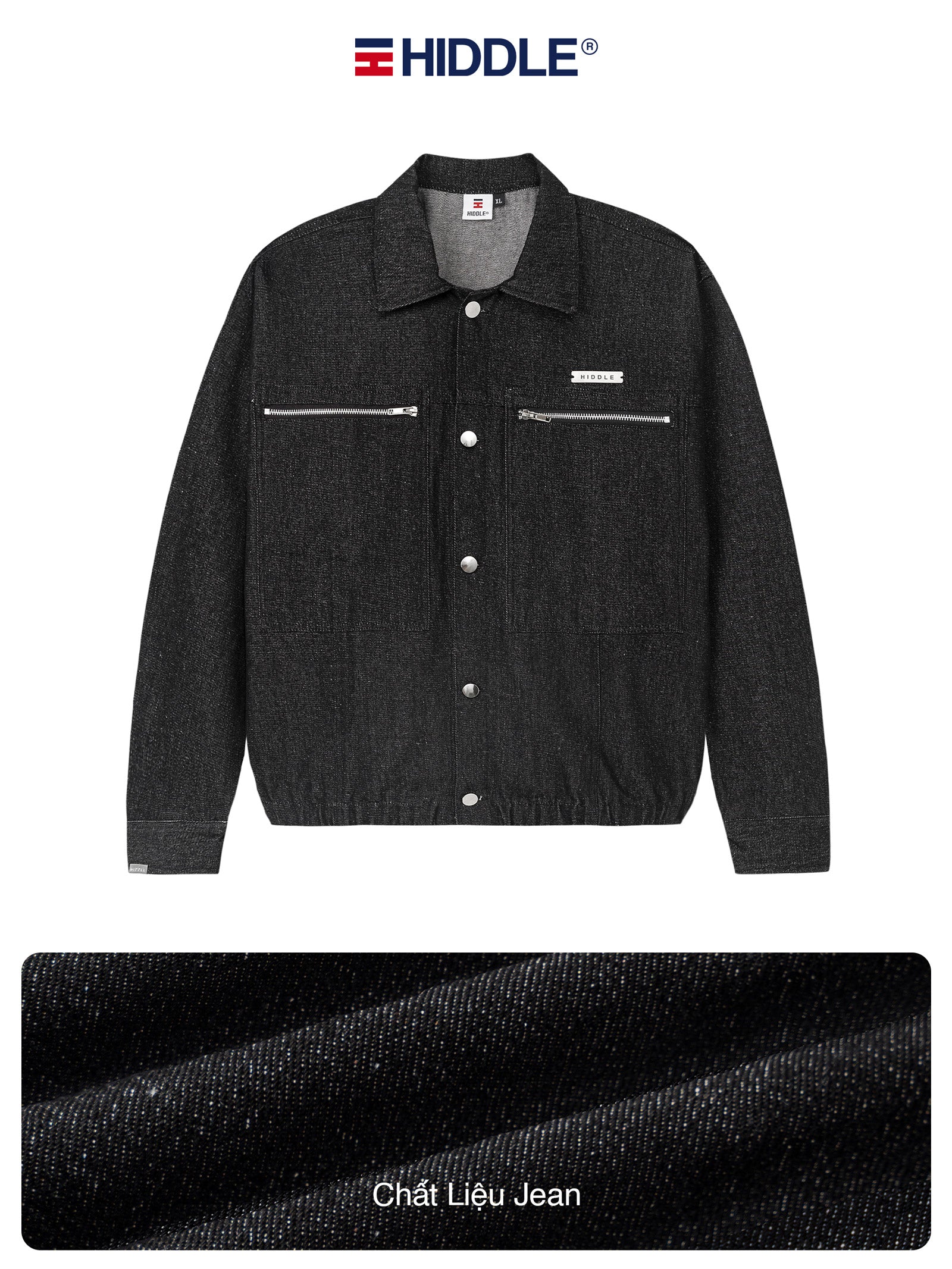 Black jacket with Hiddle branding on a white background