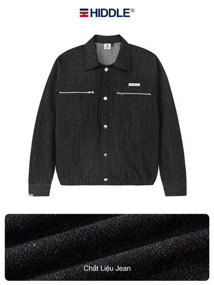 Black jacket with Hiddle branding on a white background