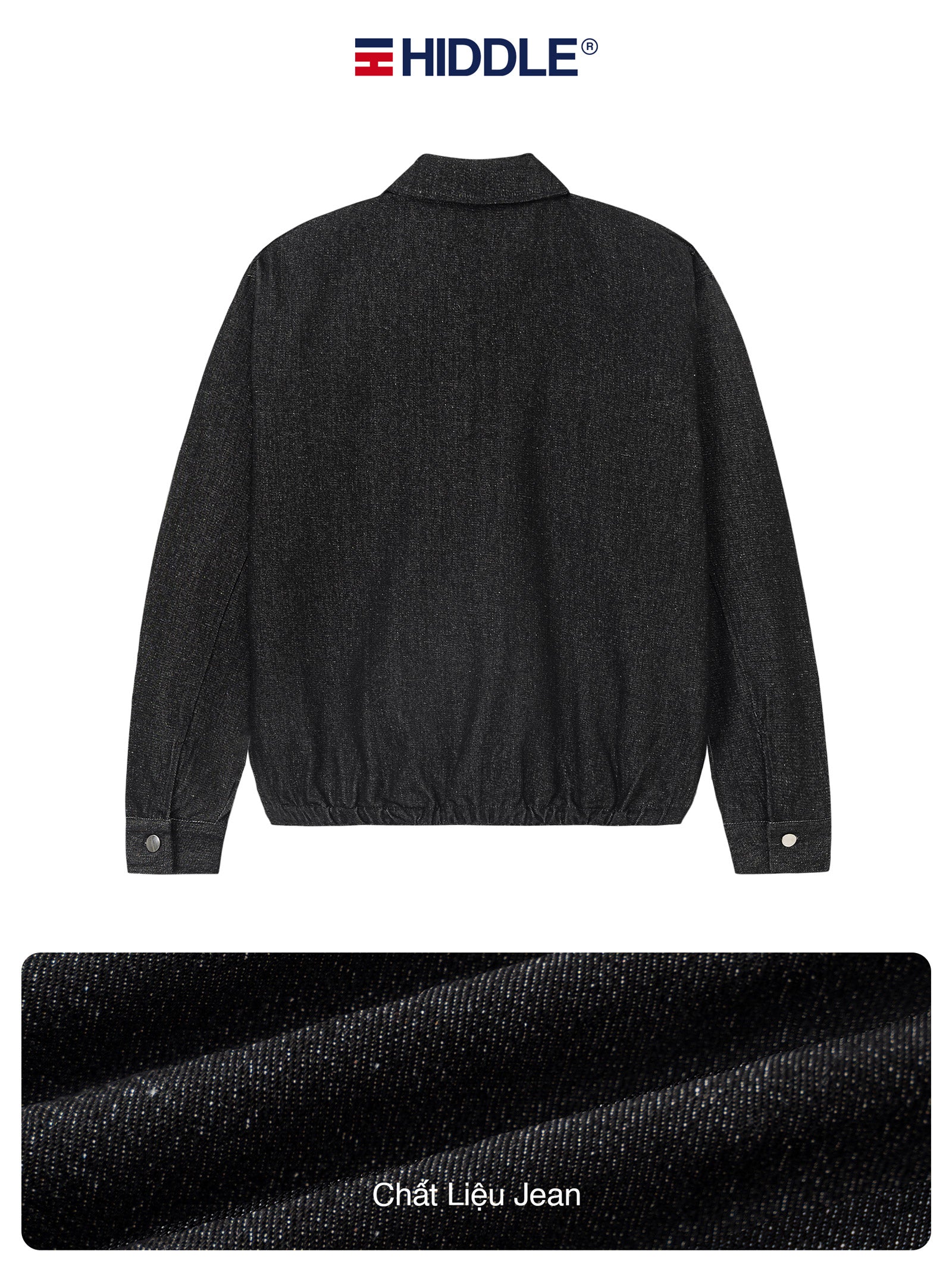 Black jacket with 'Hiddle' branding on a white background