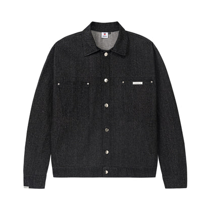 Dark gray jacket with button details on a white background