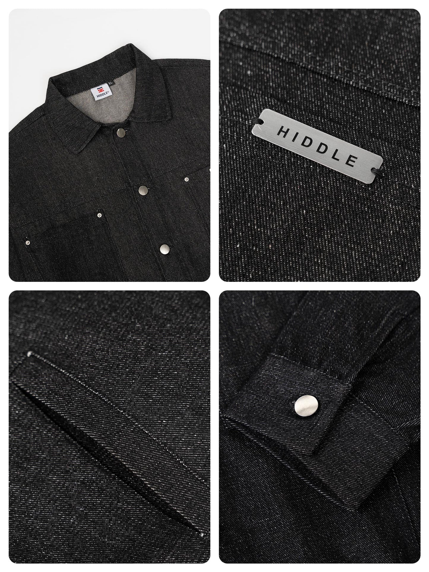Collage of a black denim shirt with close-up details and 'Hiddle' branding.