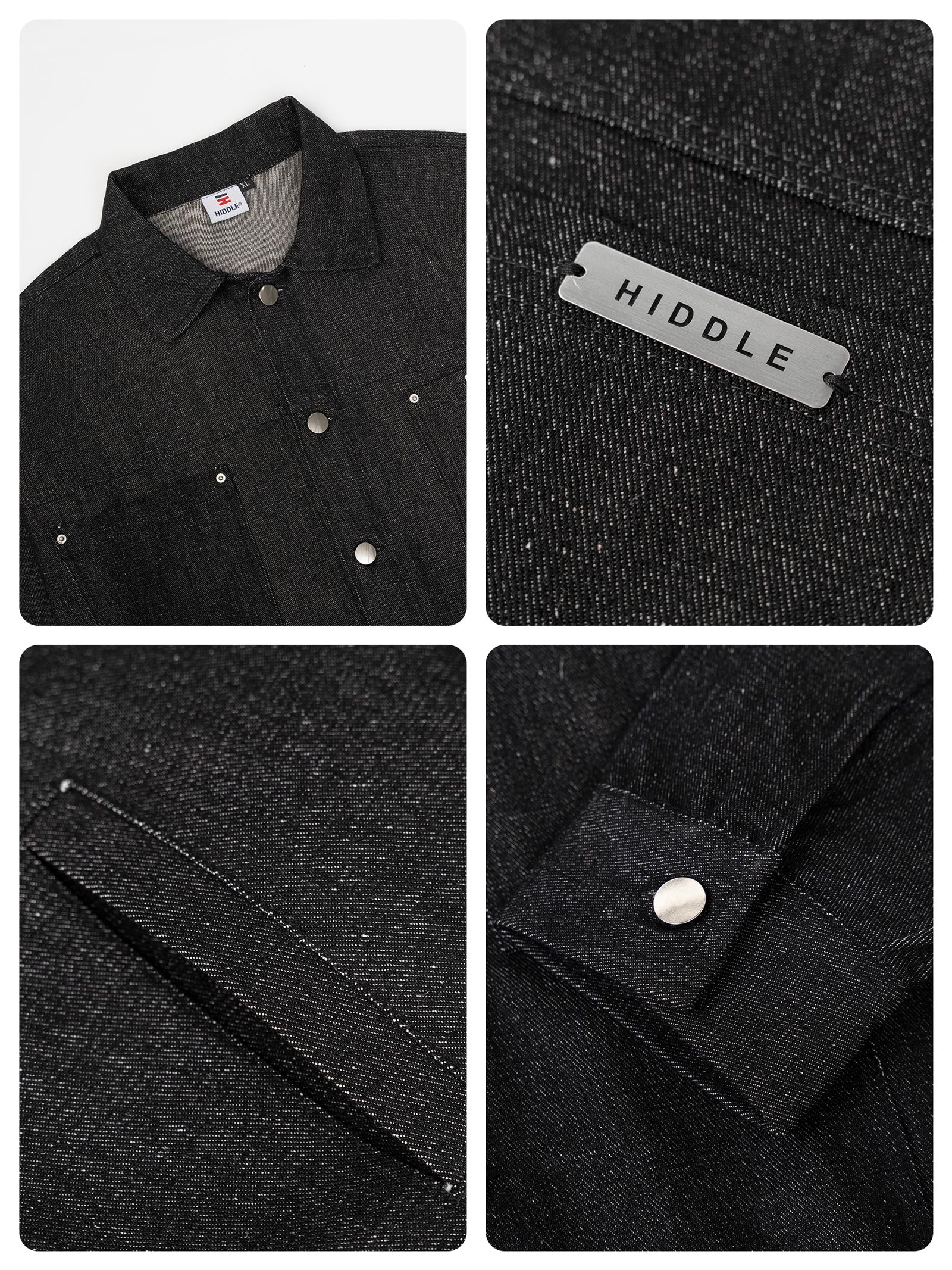 Collage of a black denim shirt with close-up details and 'Hiddle' branding.