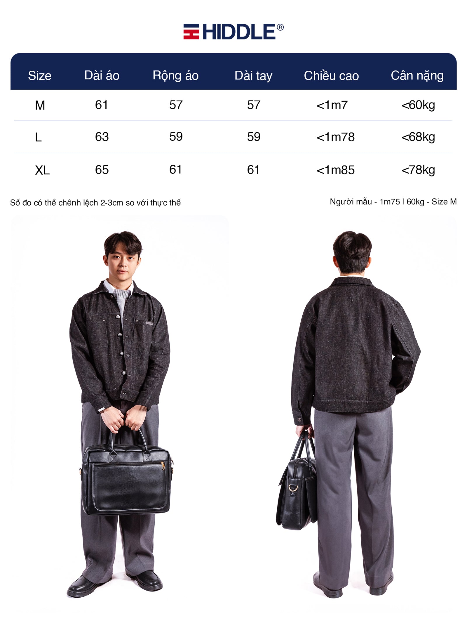 Hiddle clothing size chart with two models wearing the outfit.