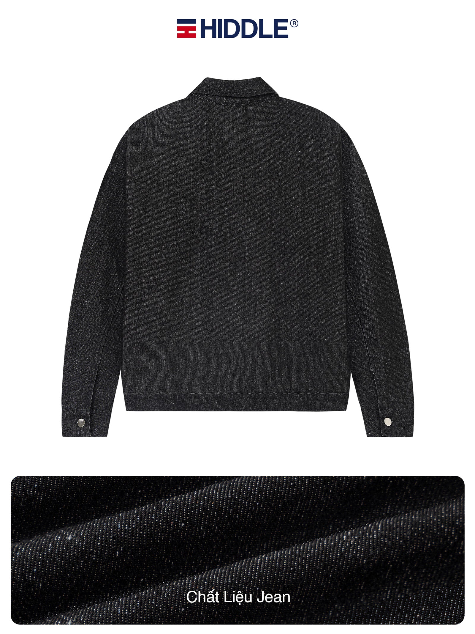Dark gray denim jacket with 'Hiddle' branding on a white background