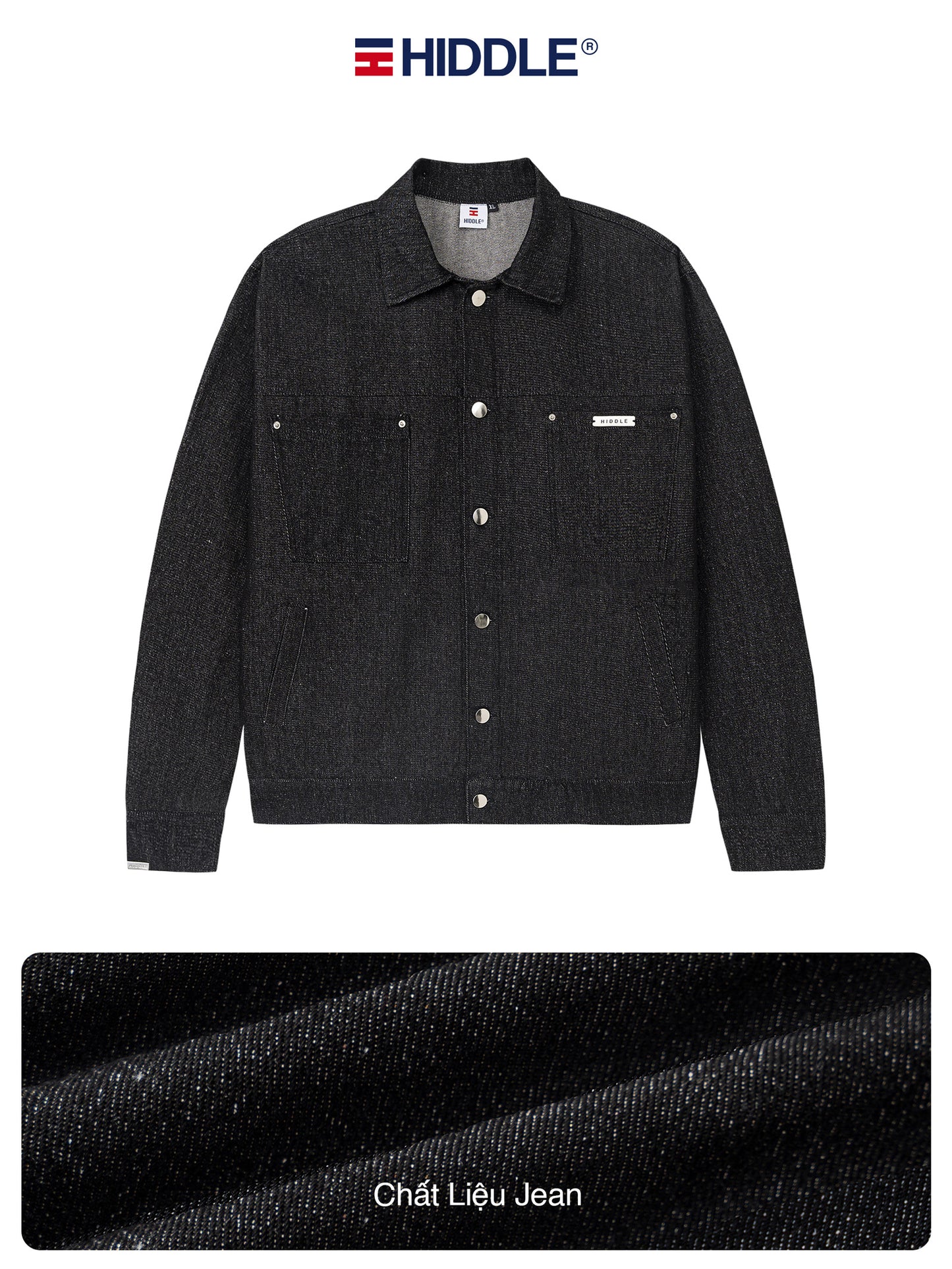 Black denim jacket with Hiddle branding on a white background