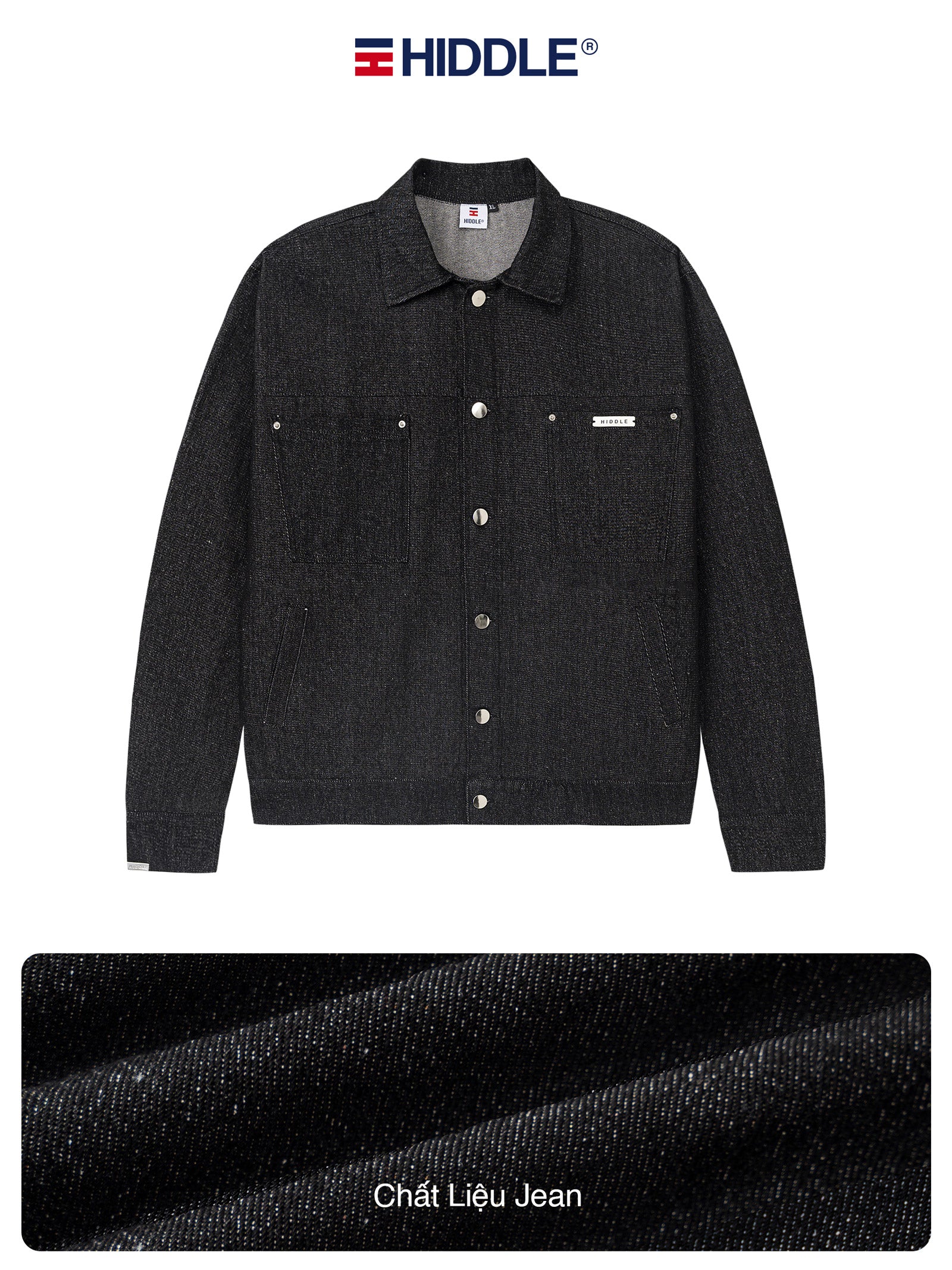 Black denim jacket with Hiddle branding on a white background