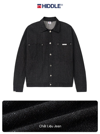Black denim jacket with Hiddle branding on a white background