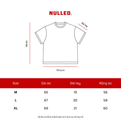 T-shirt size chart with dimensions and brand name 'NULLED.'