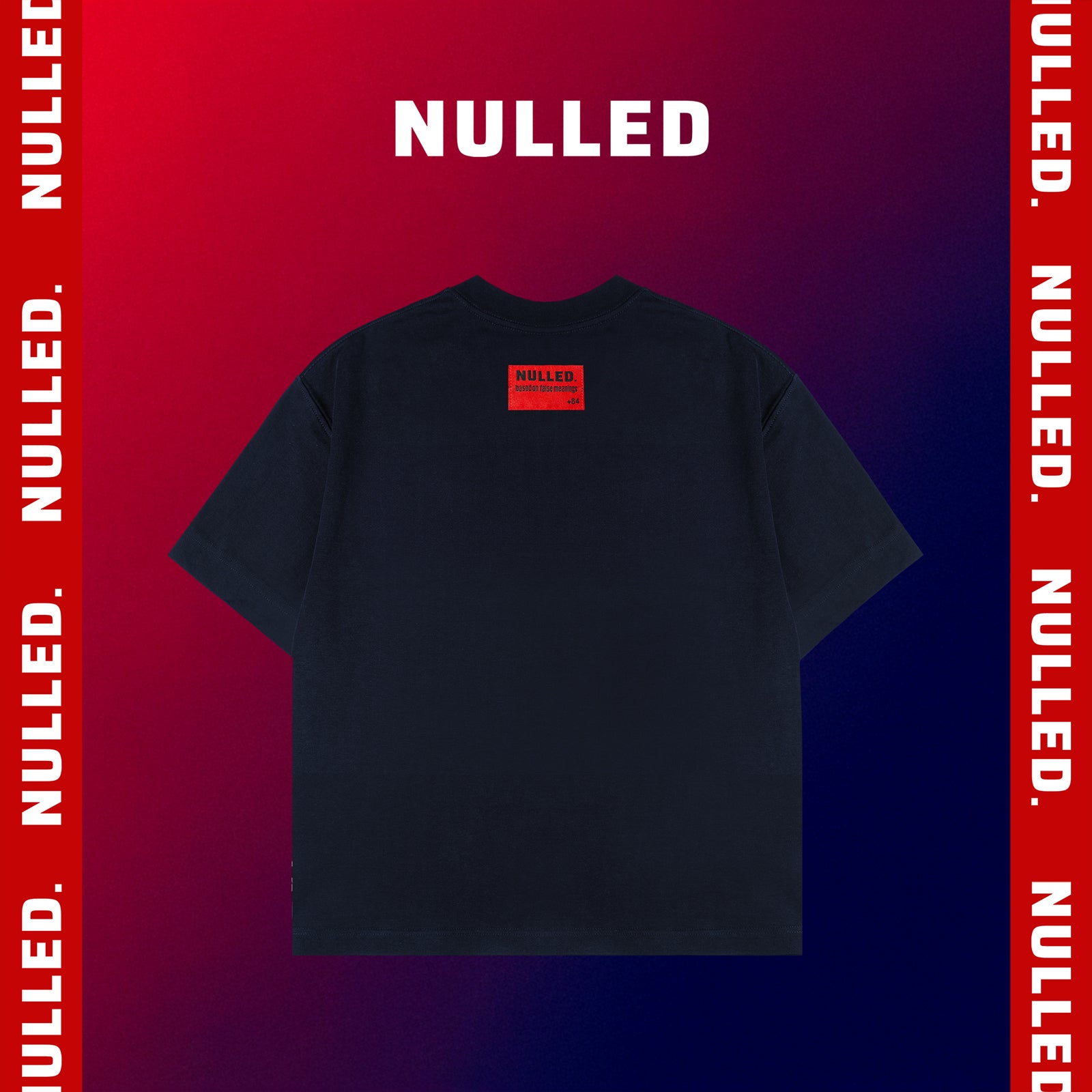 Black t-shirt with 'NULLED' logo on a red and blue gradient background