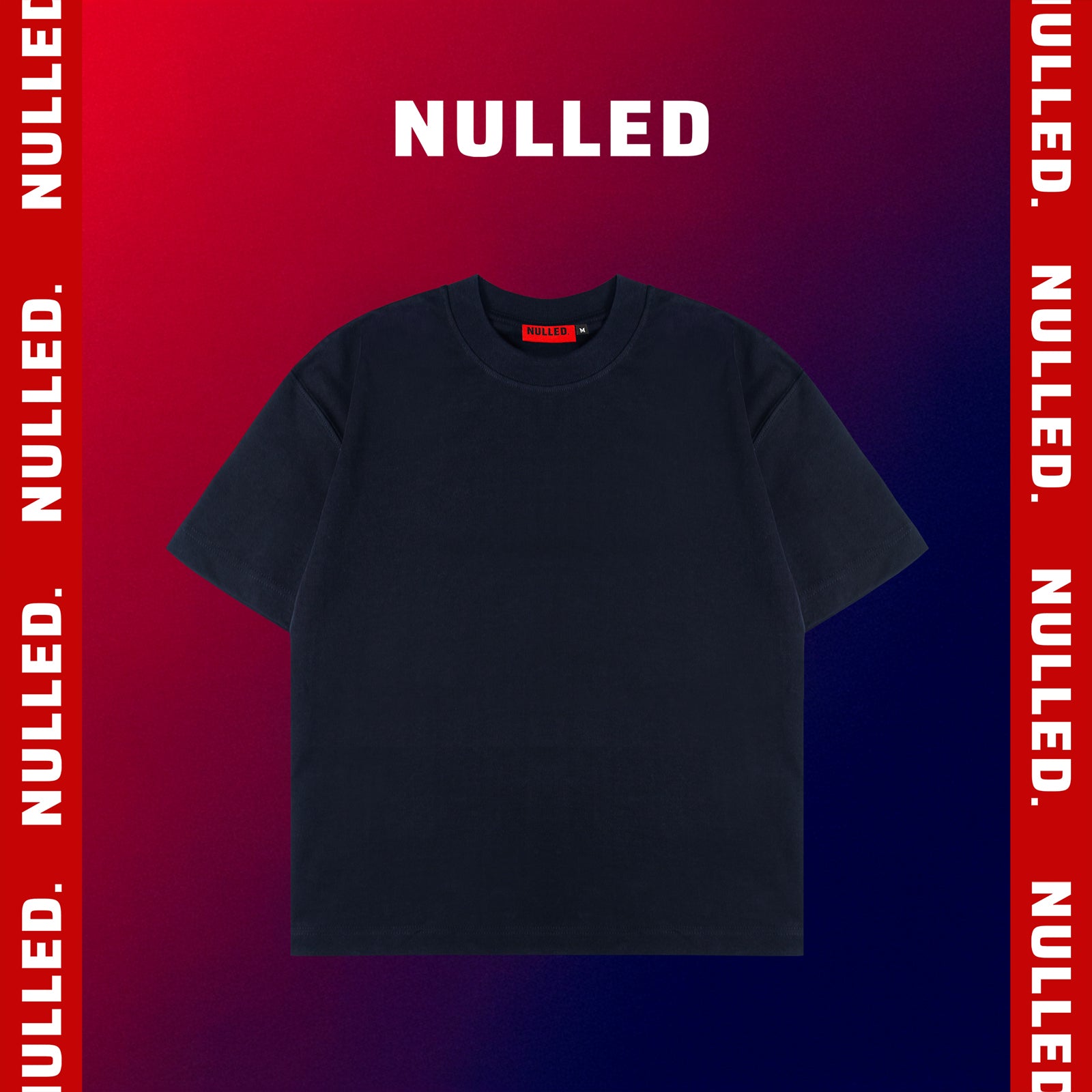 Black t-shirt on a red and blue gradient background with 'NULLED' branding.