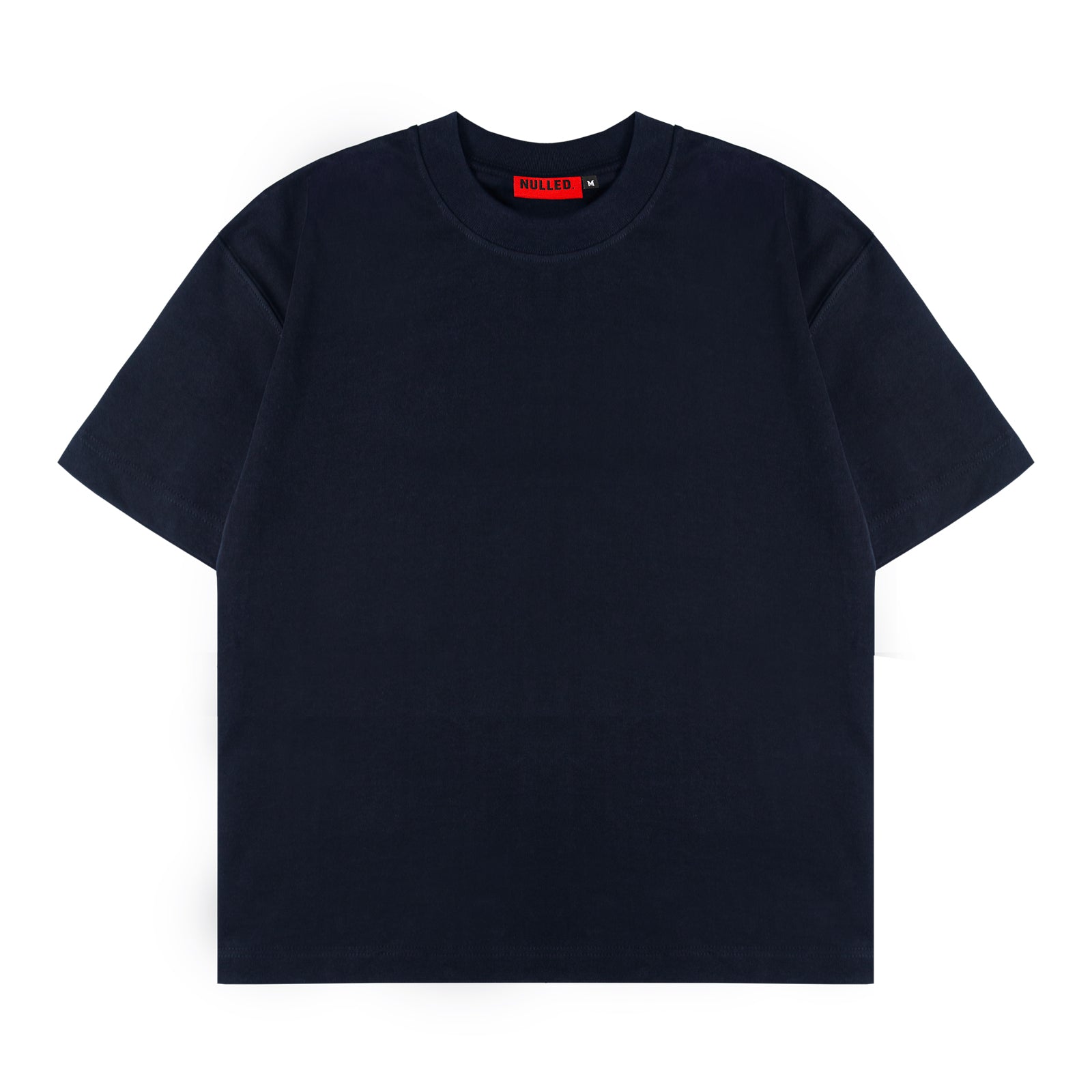 Black t-shirt with a red label on a white background
