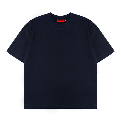 Black t-shirt with a red label on a white background