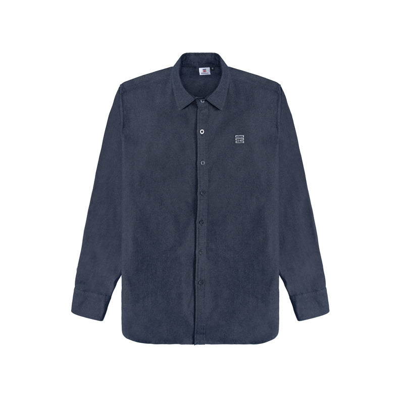 Navy button-up shirt with a small logo on a white background