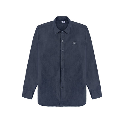 Navy button-up shirt with a small logo on a white background