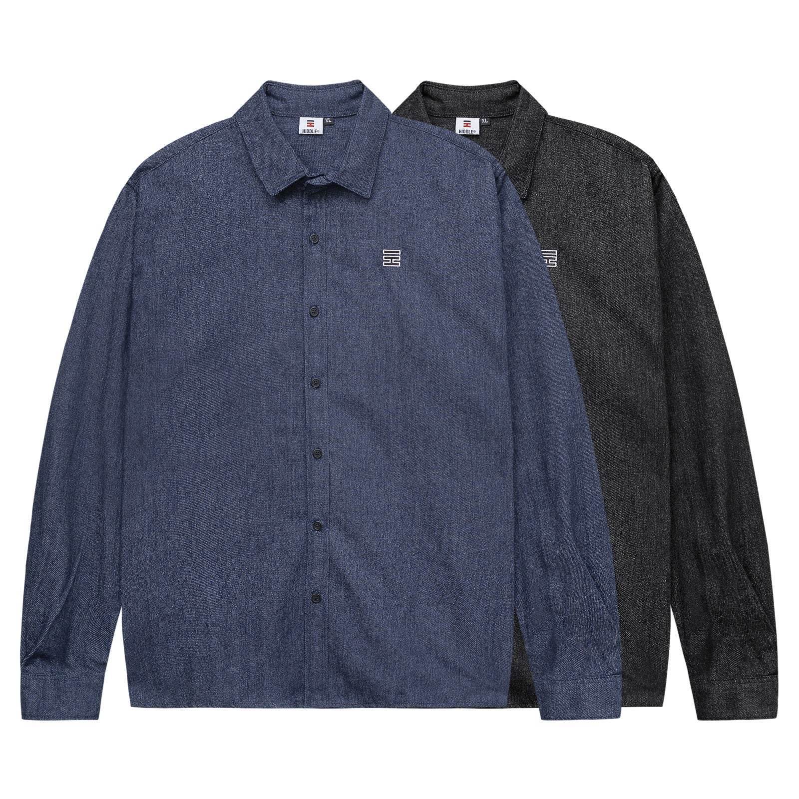 Two button-up shirts, one blue and one gray, on a white background.
