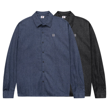 Two button-up shirts, one blue and one gray, on a white background.