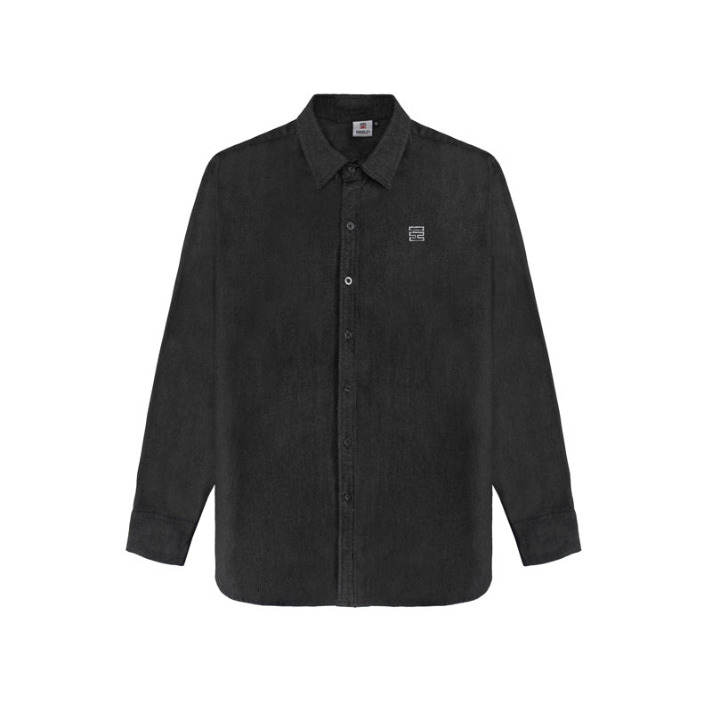 Black button-up shirt on a white background