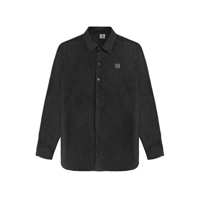 Black button-up shirt on a white background