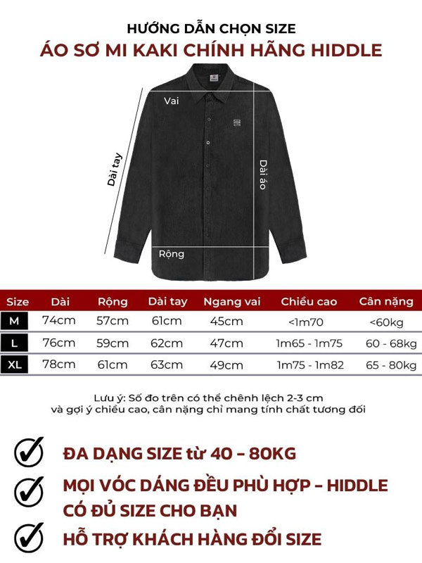 Black shirt with size chart and measurement guide on a white background