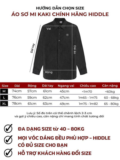 Black shirt with size chart and measurement guide on a white background