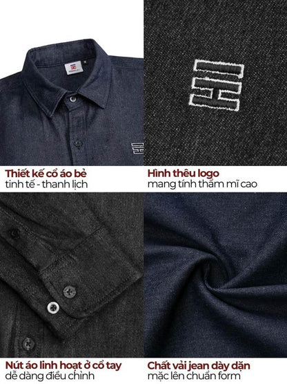 Navy blue shirt with logo embroidery on fabric texture