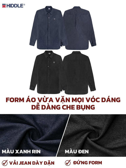 Two denim jackets, one blue and one black, with fabric texture shown below on a white background. Hiddle brand logo is visible.