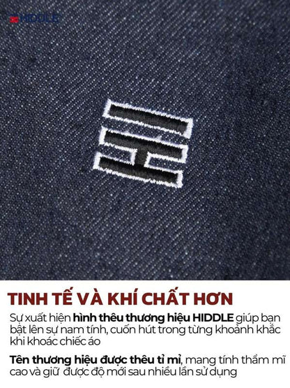 Close-up of a denim fabric with a logo and text in Vietnamese.