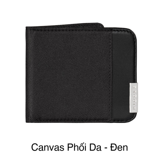 Black wallet with leather trim on a white background
