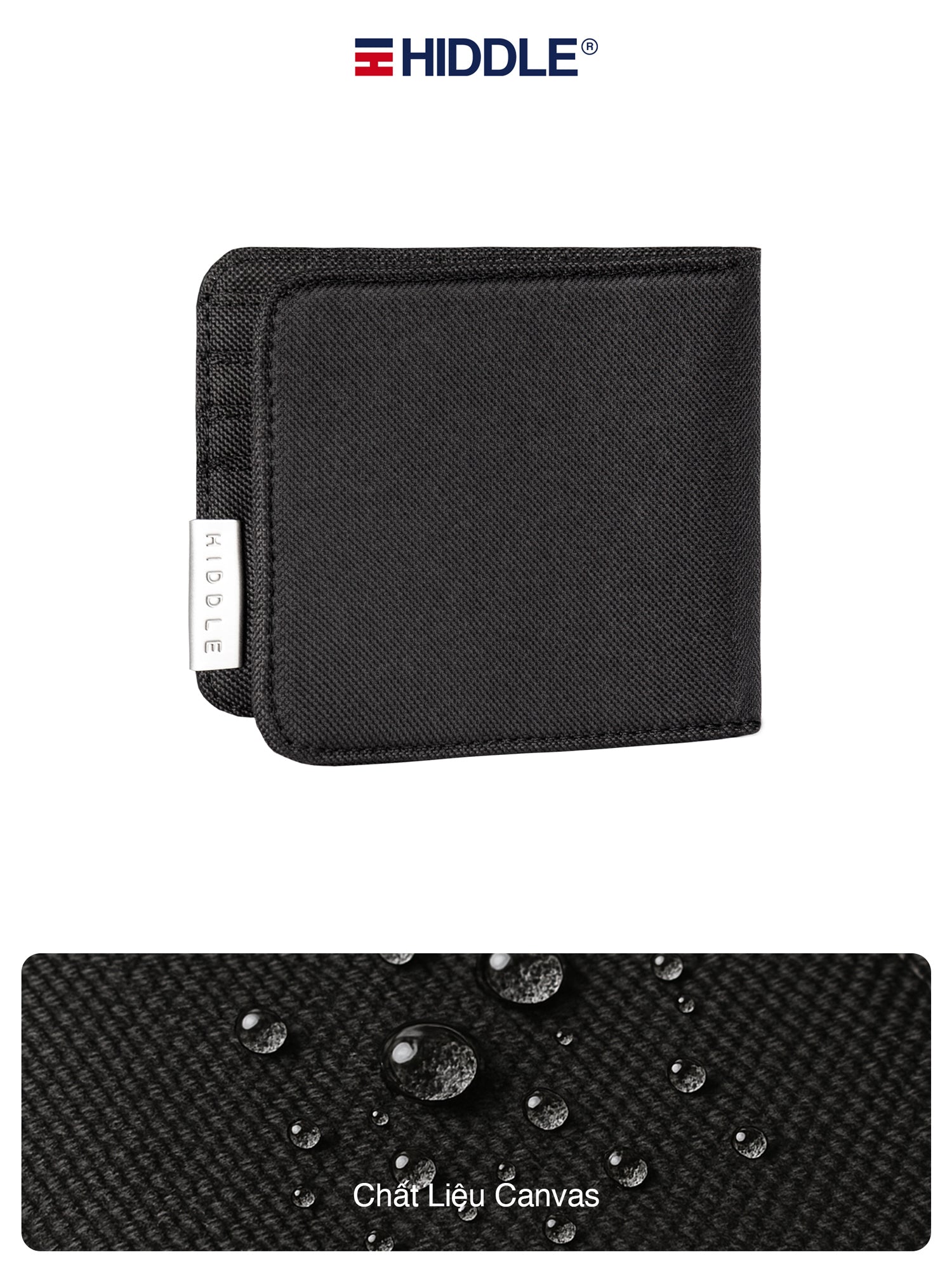 Black wallet with Hiddle branding on a white background