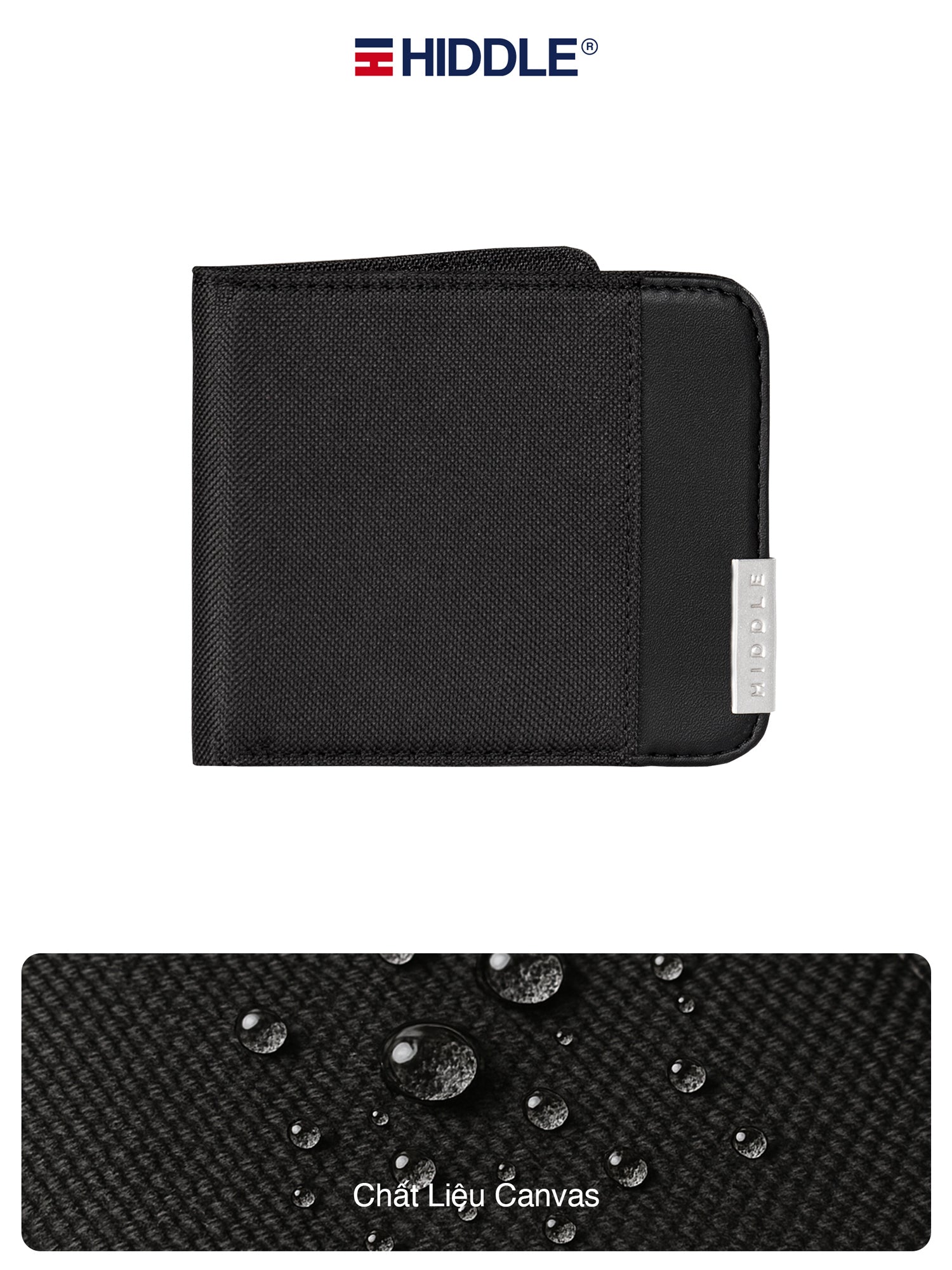 Black wallet with Hiddle branding on a white background