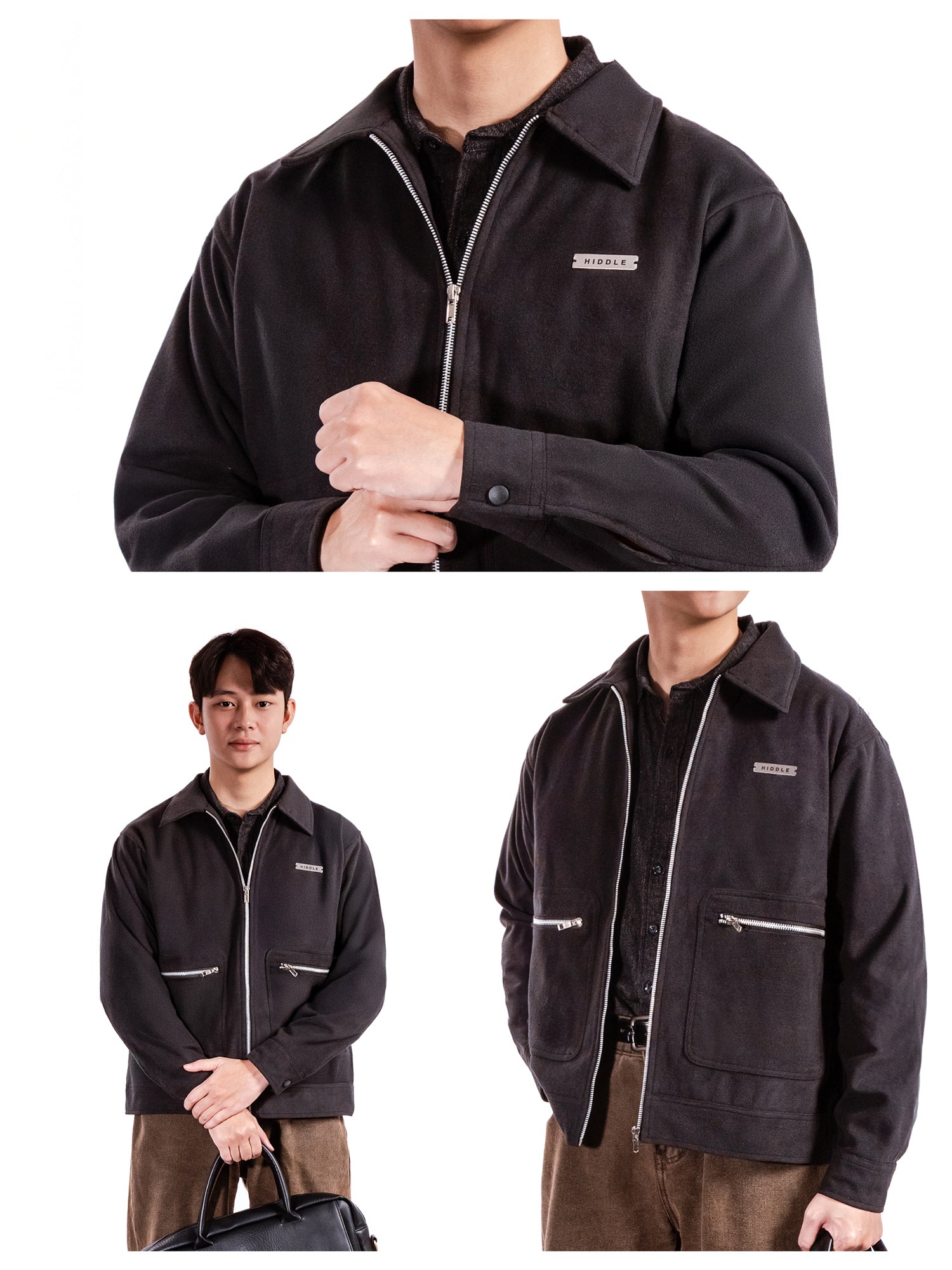 Black jacket with brand logo on a white background