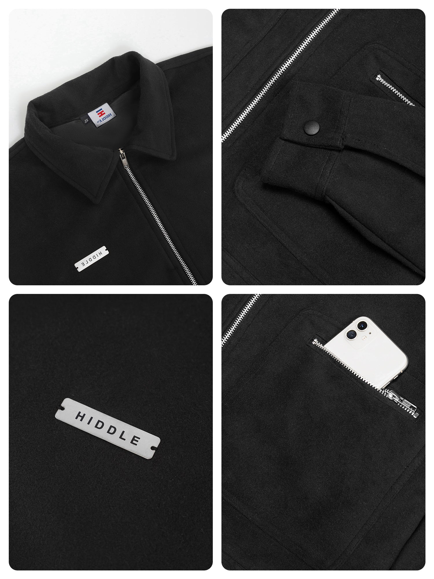 Black jacket with visible branding and features on a white background