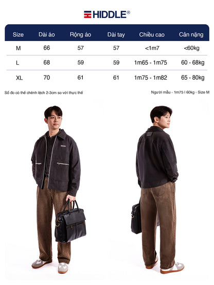 Size chart for a jacket with two models wearing the jacket, showing measurements in centimeters and kilograms.