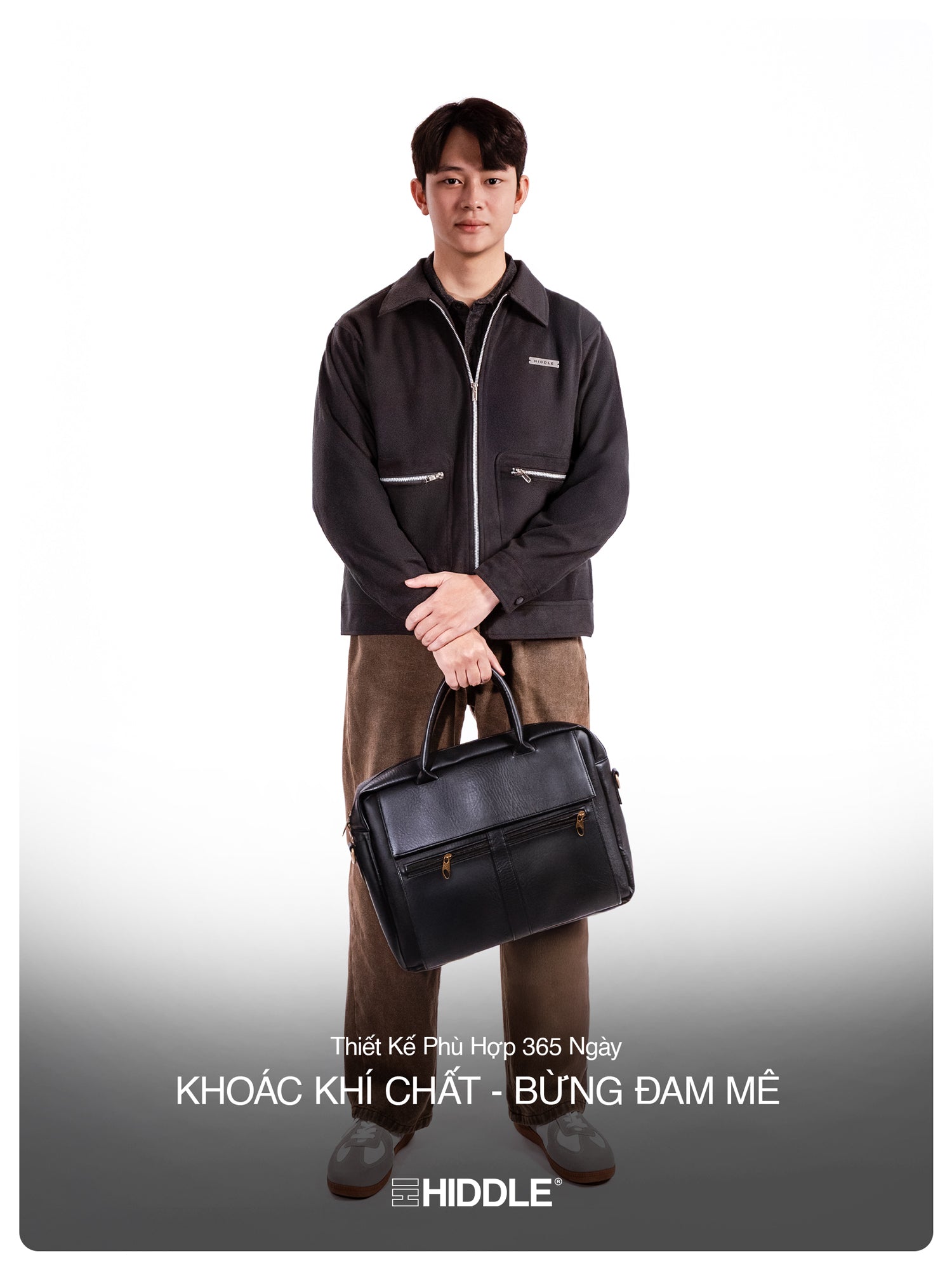 Man holding a black briefcase against a white background with Hiddle branding.