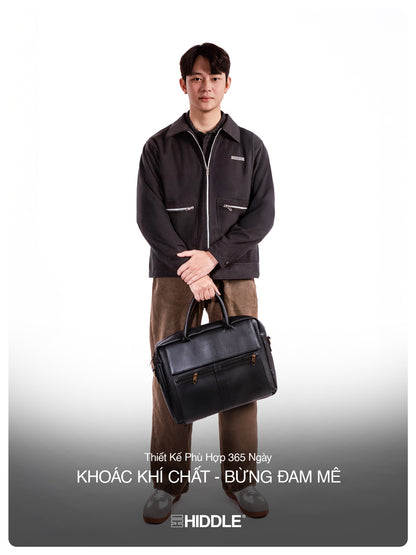 Man holding a black briefcase against a white background with Hiddle branding.