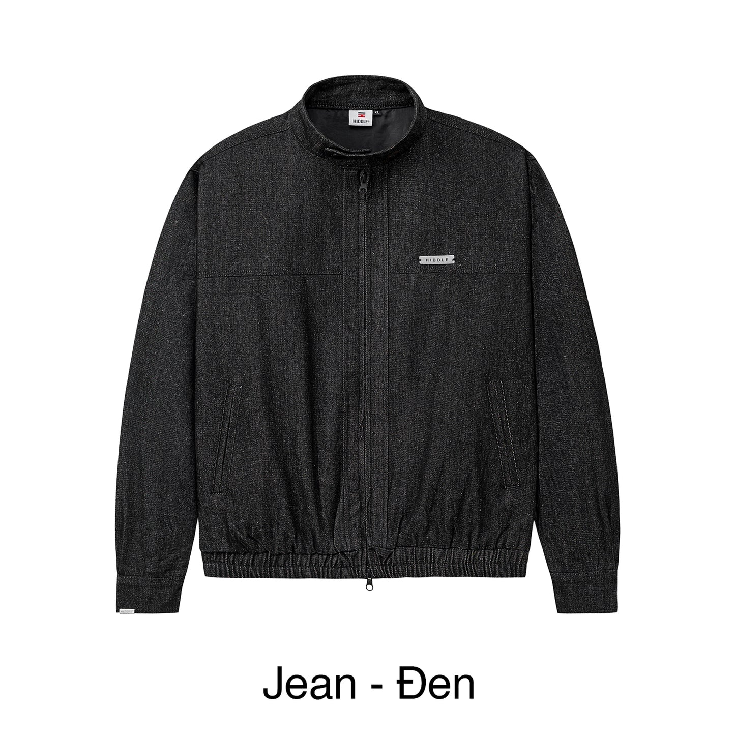 Dark gray jacket with a brand logo on a white background