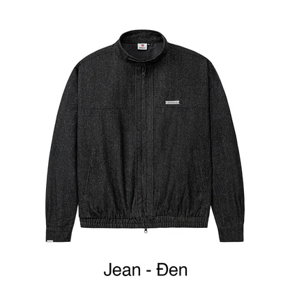 Dark gray jacket with a brand logo on a white background