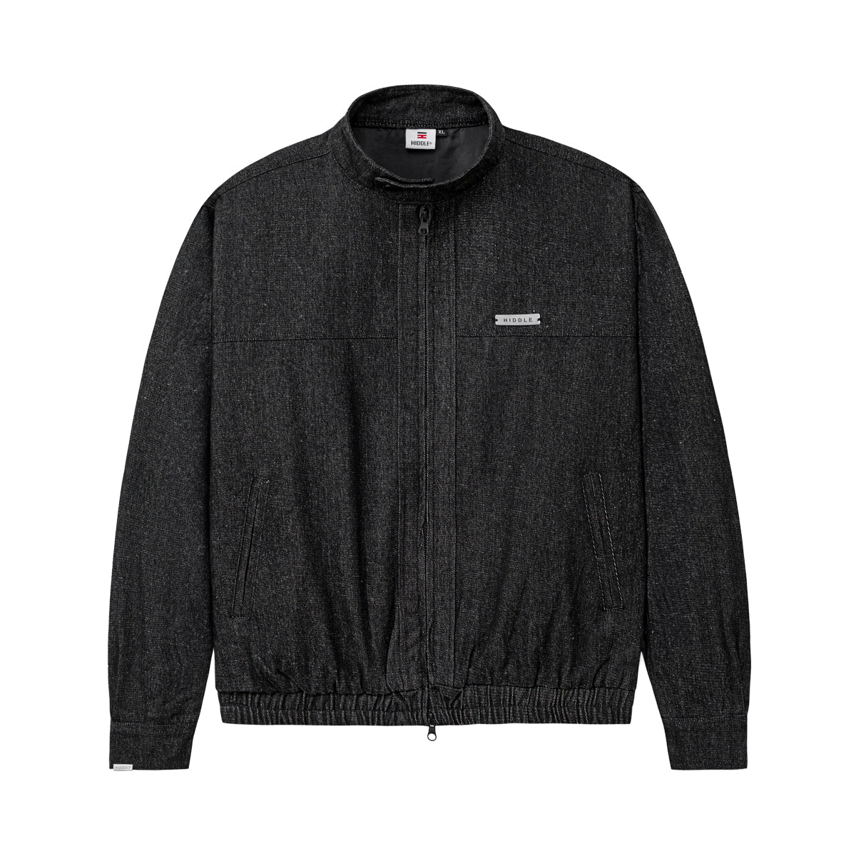 Dark gray jacket with a small logo on a white background