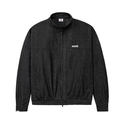 Dark gray jacket with a small logo on a white background