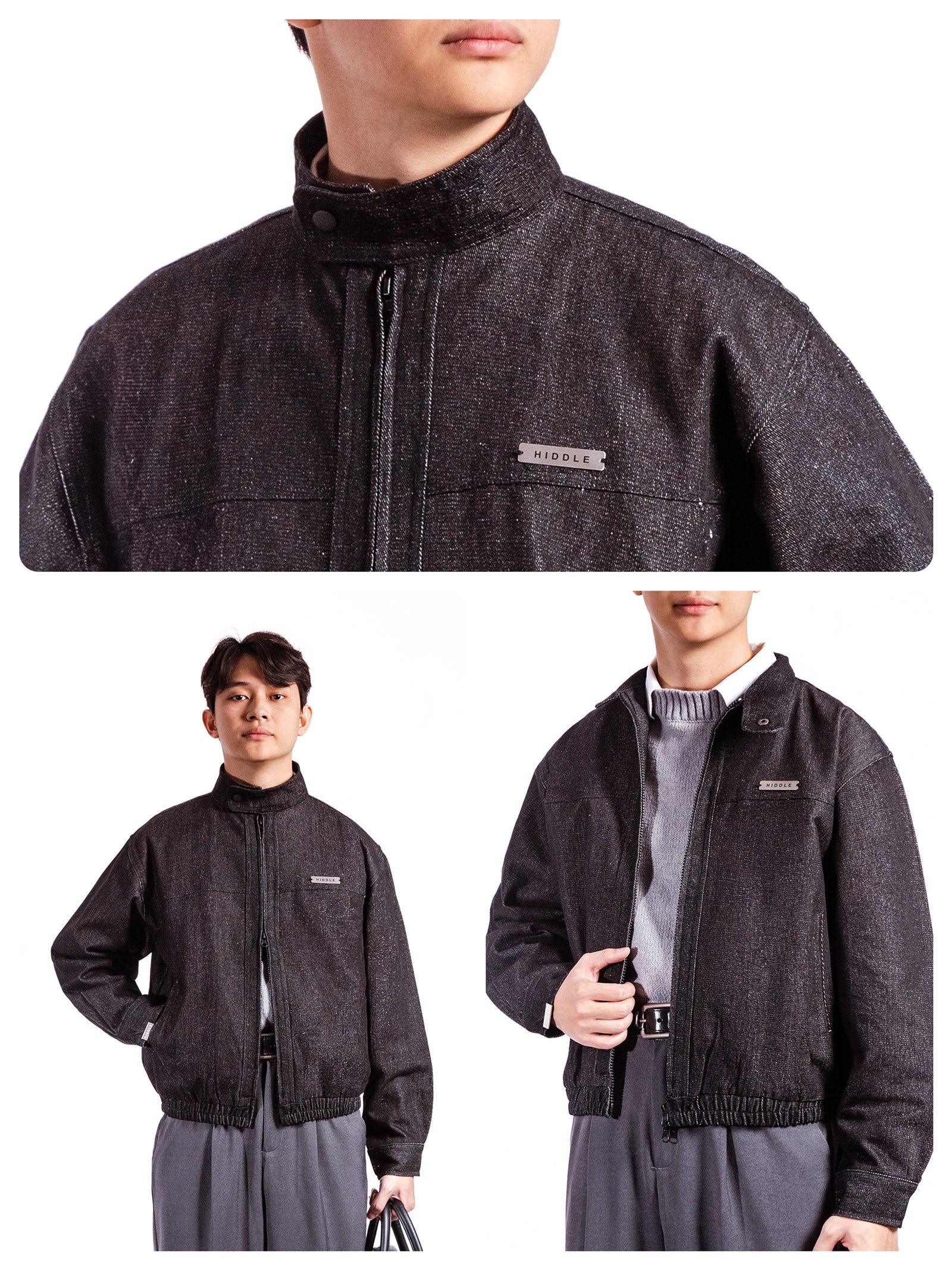 Dark gray jacket with brand logo worn by a person on a white background