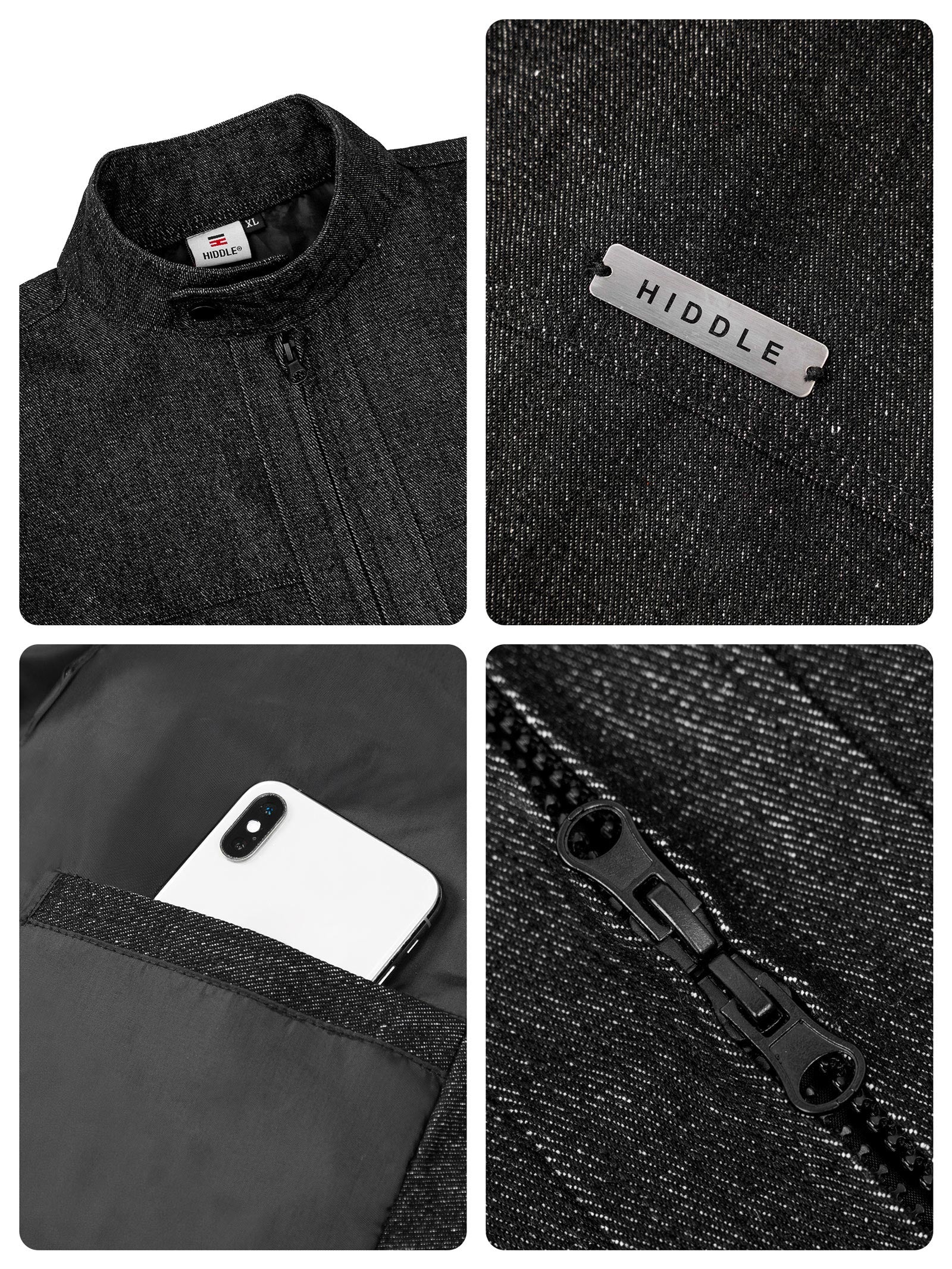 Collage of a black jacket with visible branding and features.