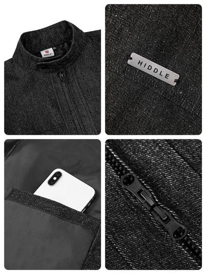 Collage of a black jacket with visible branding and features.