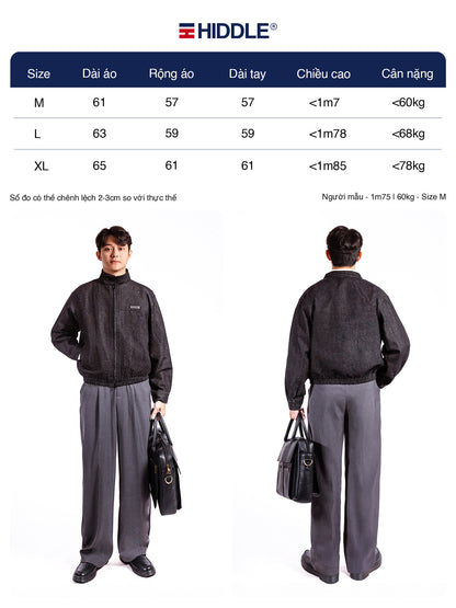Person wearing a dark jacket and gray pants with Hiddle branding, showing front and back views.