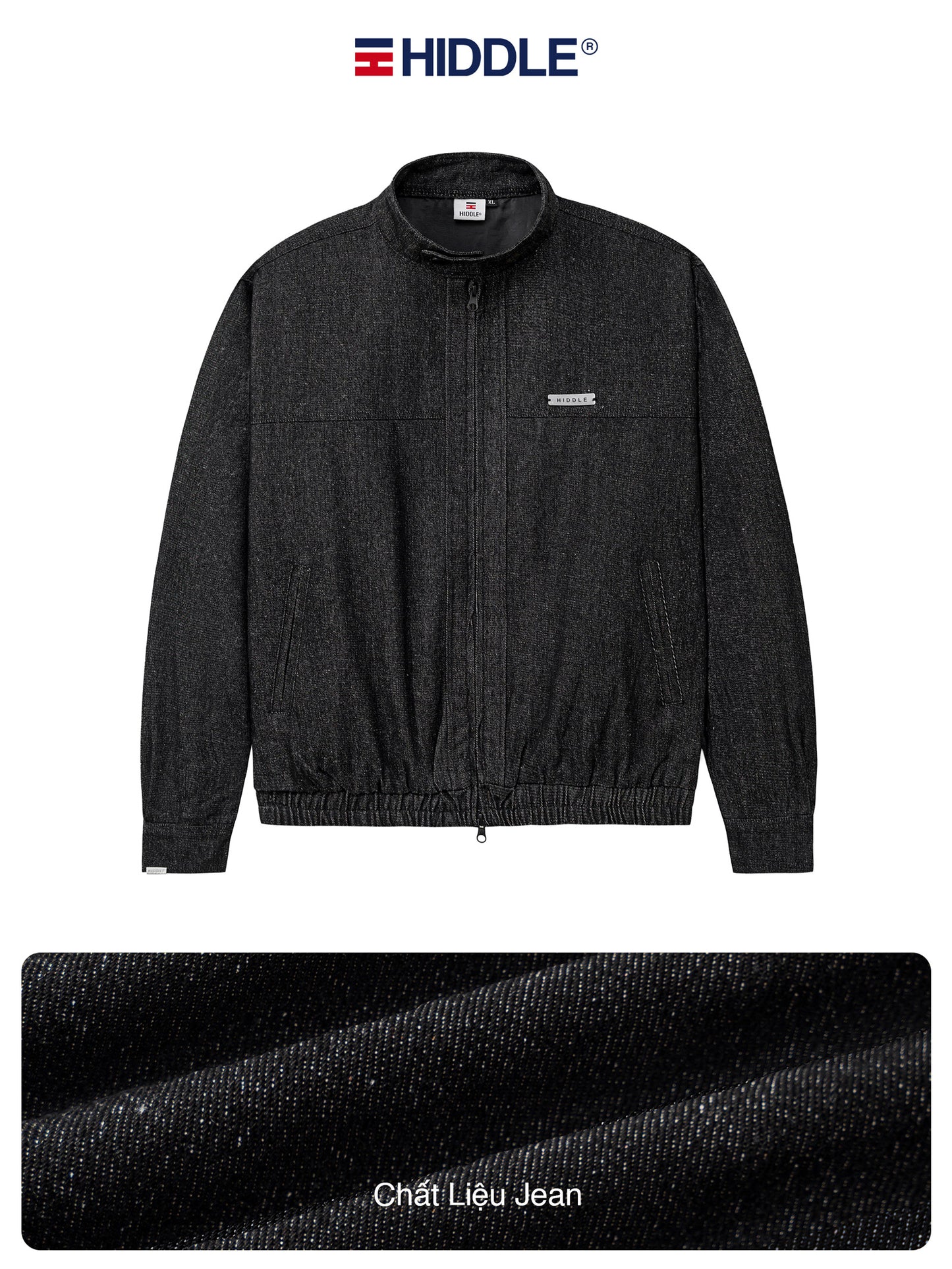 Dark gray jacket with 'Hiddle' branding on a white background