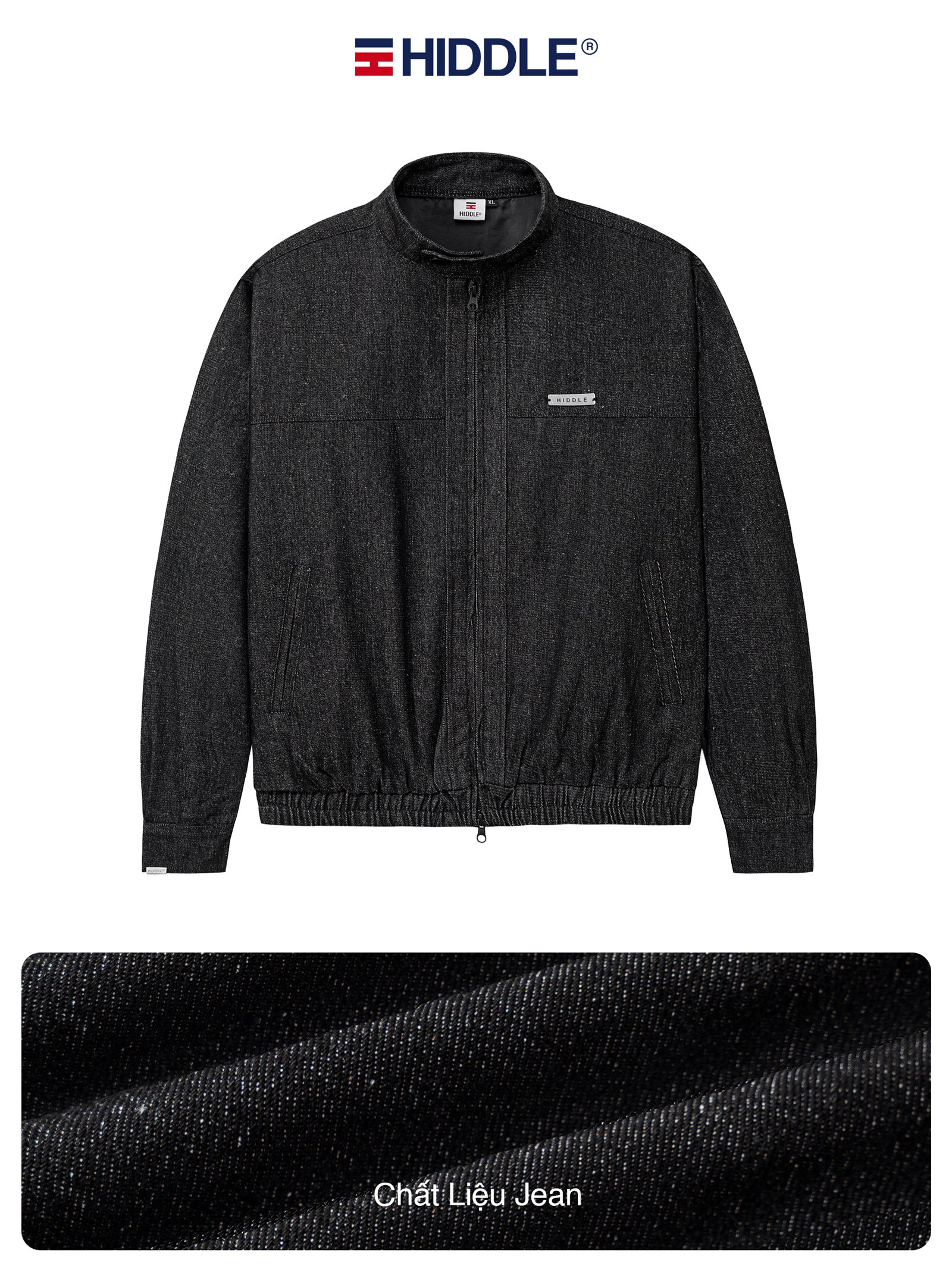 Dark gray jacket with 'Hiddle' branding on a white background