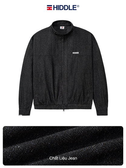 Dark gray jacket with 'Hiddle' branding on a white background