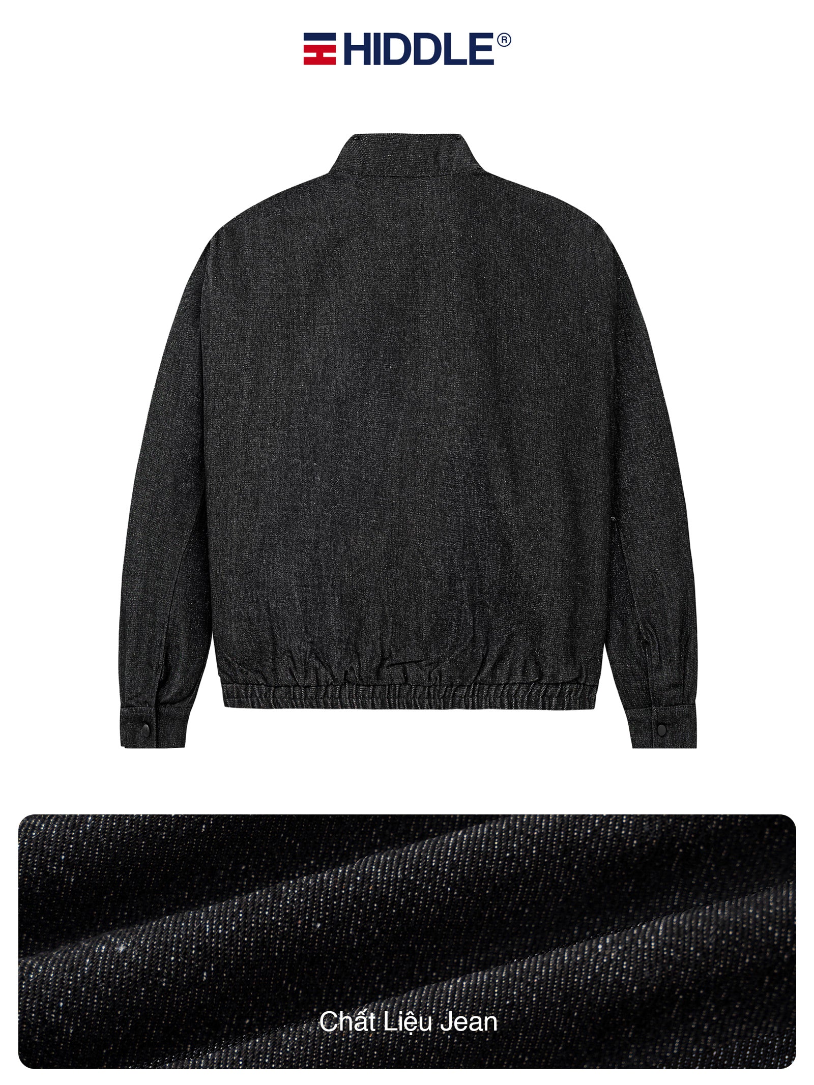 Dark gray jacket with 'Hiddle' branding on a white background