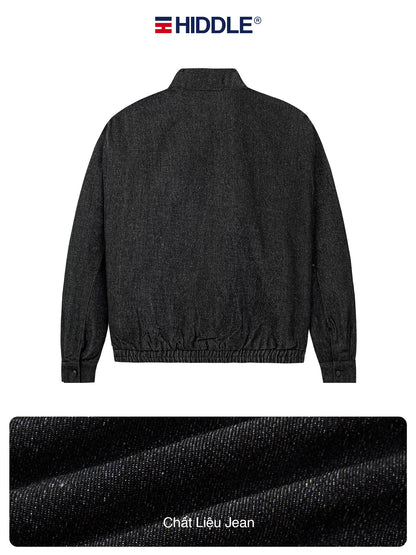 Dark gray jacket with 'Hiddle' branding on a white background