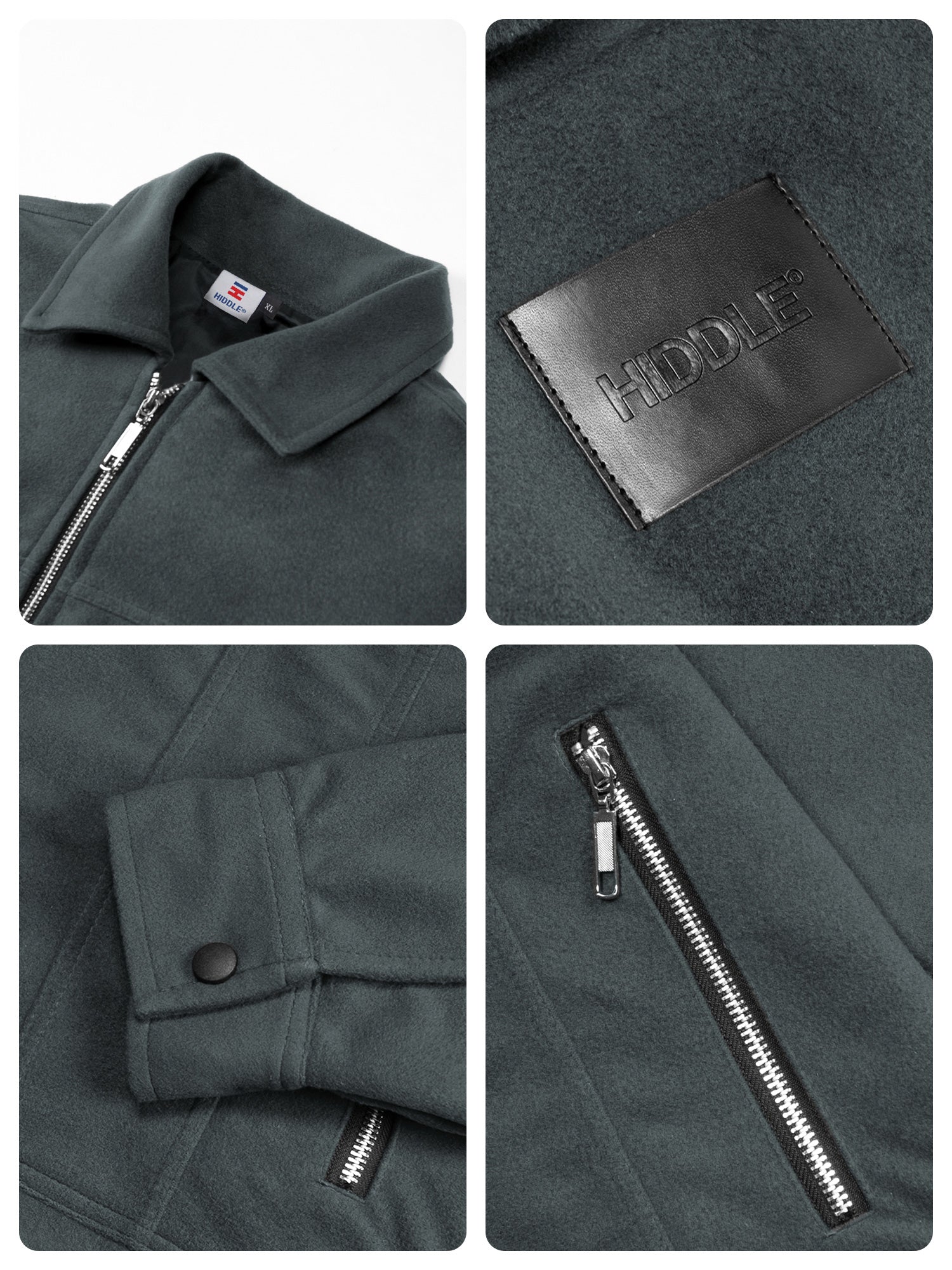 Collage of a dark gray jacket with close-up details on collar, zipper, and brand label.